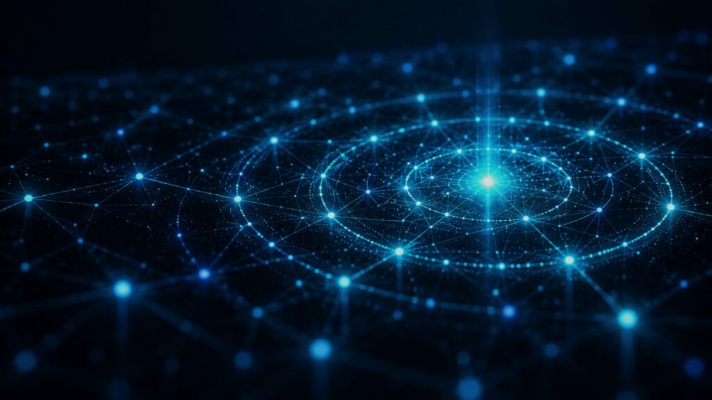 A tunnel of luminous nodes converging on a vanishing point.