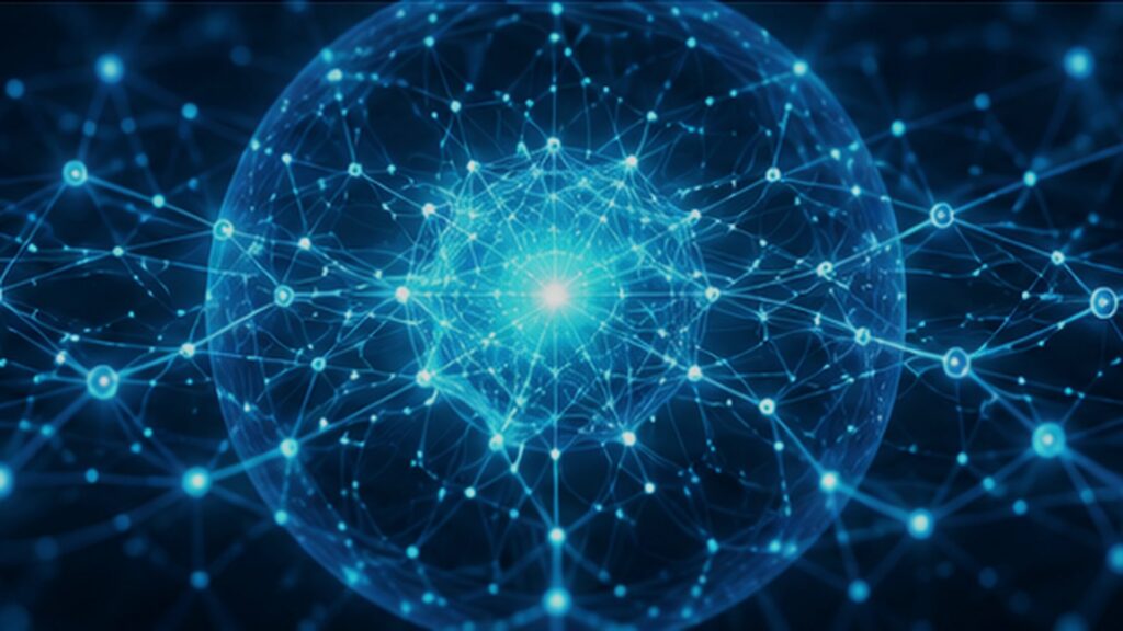 A neural mesh converging on a core inside a control boundary.