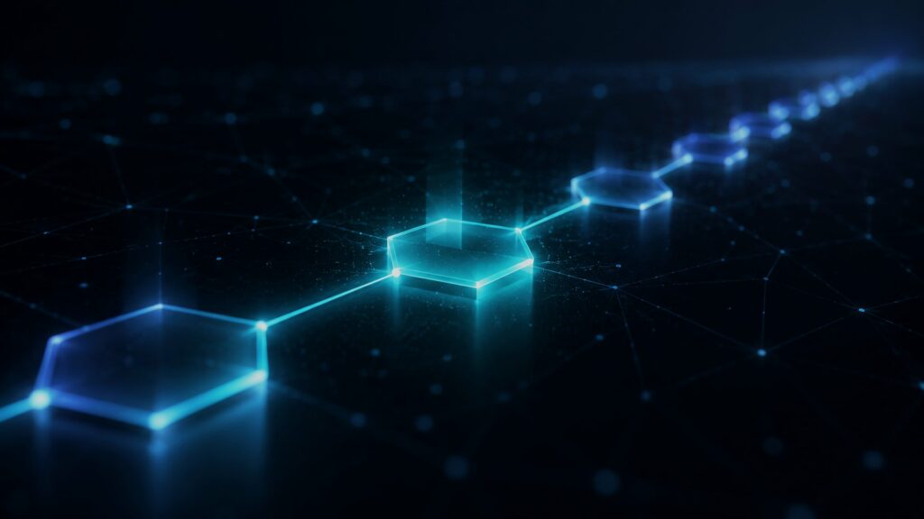 A chain of linked hexagonal nodes, one of them highlighted.