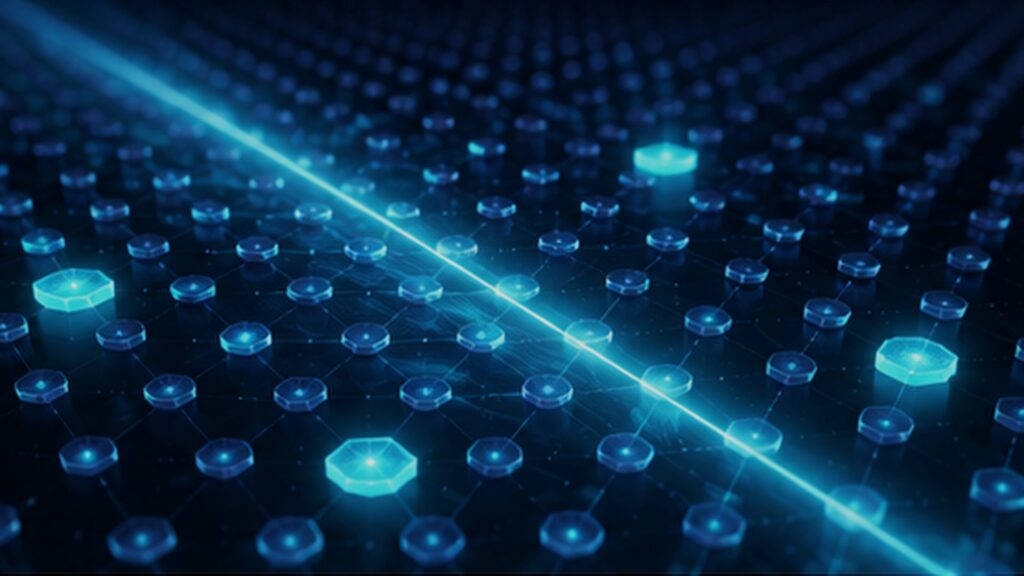 A field of cells crossed by a scanning beam, a few of them flagged.